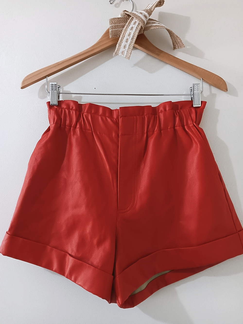Buddy Love Game Day Peyton Red High Ruffled Waist Faux Leather Cuffed Hem Shorts